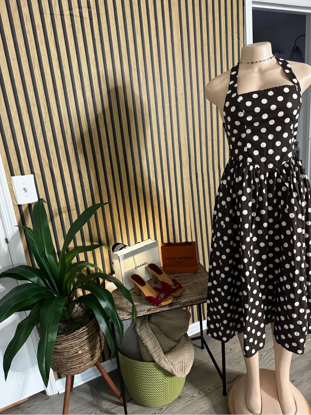 Polka Dot Halter Midi Dress in Brown and White
